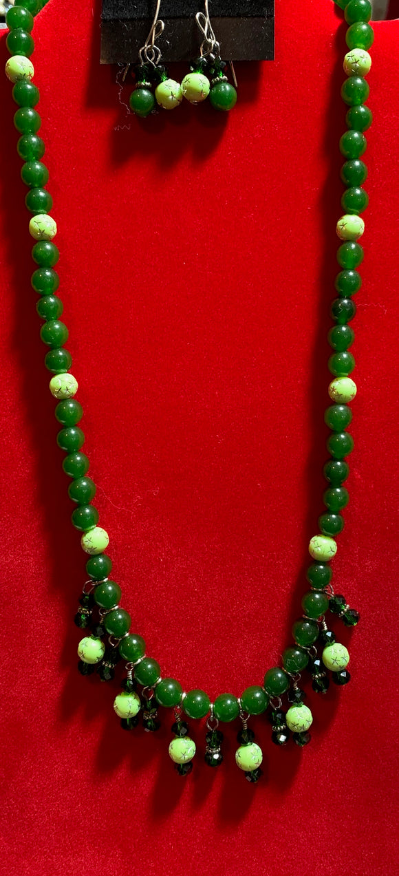 Jade & Dangling Crystal Necklace & Earrings 18084