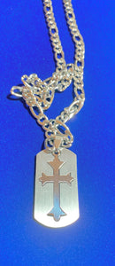 Stainless Steel Dogtag with Cross Cutout on 24" Stainless Steel Figaro Chain  #18124