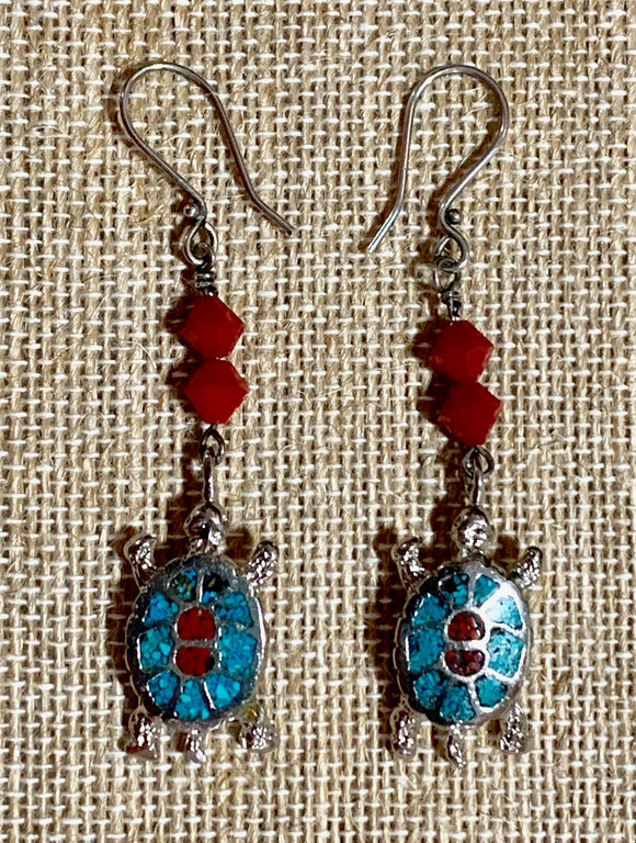 Steel Turtles and Red Crystals on Sterling Earwires 19043