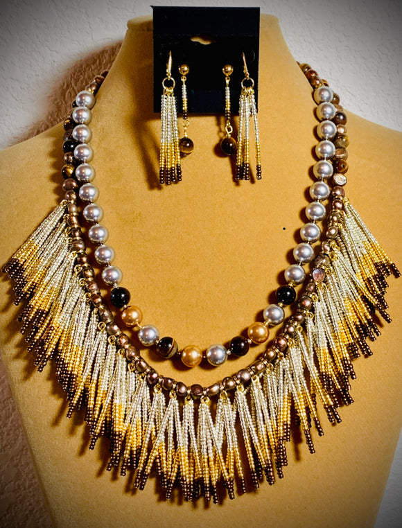 Swarovski Crystal Pearl and Feathered Beads Necklace and Earring Set  #19176