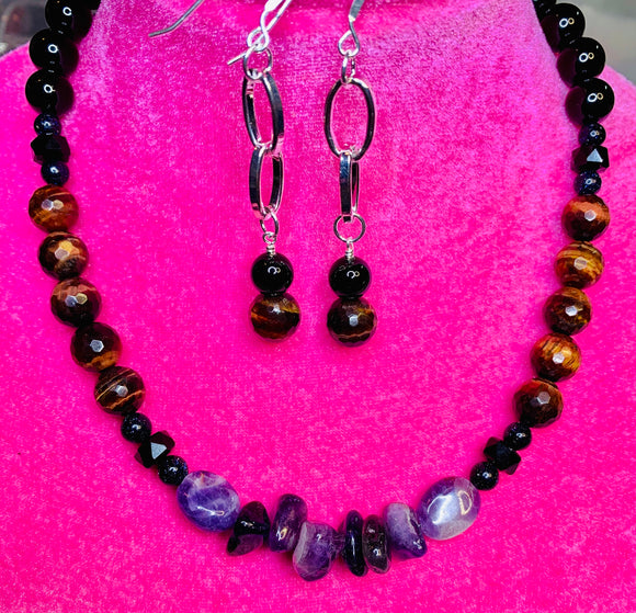Onyx & Red Tiger Eye Necklace Set. #20008