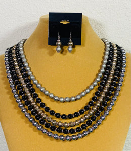 Onyx and Silver Pearl Necklace Set #21001