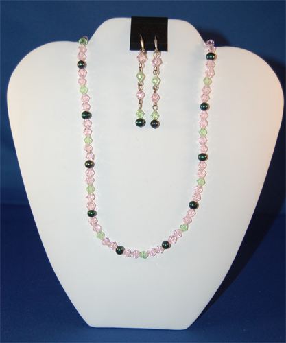 Pink and Green Crystals & Freshwater Pearls Necklace & Earrings  #10140