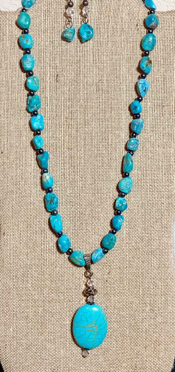 Genuine Turquoise with Large Chalk Turquoise Stone Pendant Necklace & Earrings  #10150