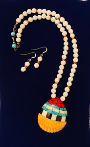 Coral, Onyx, & Turquoise Overlaid Shell Pendant Necklace Set  #11103