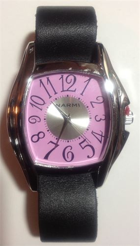 Pink Face Watch with Black Leather Watchband  #11123