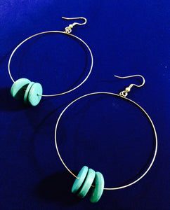 Bluegreen Wooden Disk Large Hoop Earrings 12106