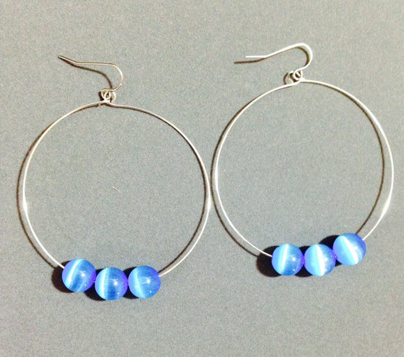 Hoop Earrings with Blue Cat's Eye Bead 13112
