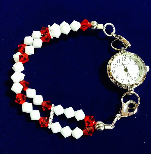 Silver Plated Watch with Red & White Crystal Watchband  (for interchangeable watch system)  #14153