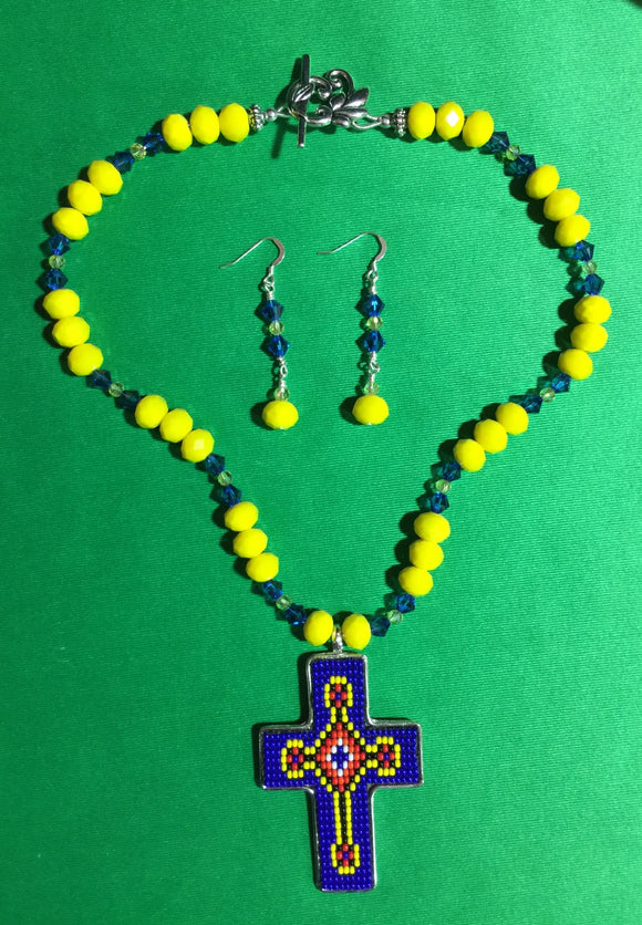 Yellow and Blue Crystal with Cross Pendant #16068