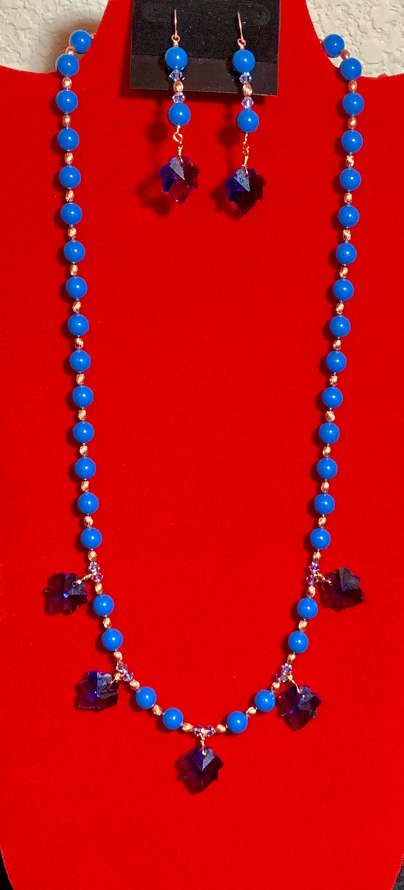 Lapis Lazuli 8MM Swarovski Crystal Pearls, Swarovski Crystals, Copper, and Crystal Leaves Necklace & Earrings 17108
