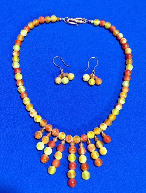 Orange Frosted Agate and Copper Necklace & Earrings  #17122