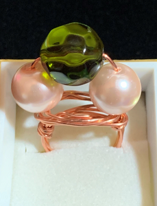 Pink, Green, and Copper Wire Ring  (size 6.5)  #19114