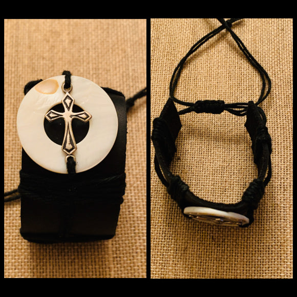 Wide Black Leather Bracelet & Cross  #19149