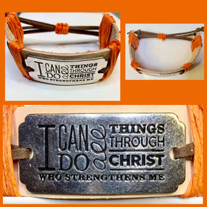 Wide Beige Leather Bracelet with Silver Plated "I Can Do All Things Through Christ Who Strengthens Me" Plate  #19165