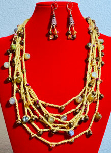 Golden Multi-Chain Beaded Crochet Necklace and Earrings  #19182
