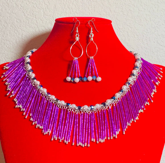 Swarovski Crystal Pearl and Feathered Bead Necklace and Earring Set  #19198