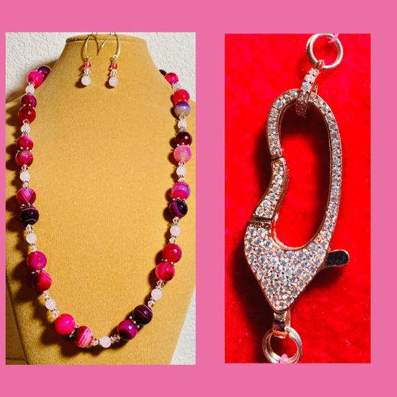 Shades of Pink &  Burgundy Agate & Crystal Necklace & Earrings #19199