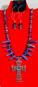 Amethyst Stone and Crystal Cross Necklace and Earrings  #20005