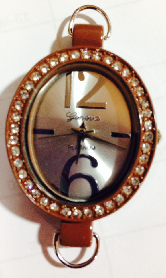 Brown & Rhinestone Oval Watch Face (for interchangeable watch system)  #14151