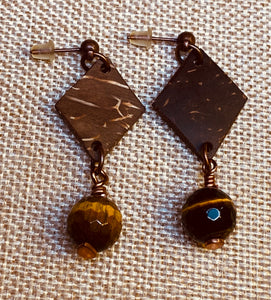 Coconut Shell and Tiger Eye Earrings. #21051